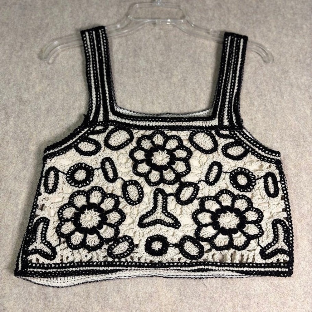 Rebellion Again Crochet Crop Top Womens XS Cream Black Cotton Boho Festival Tank